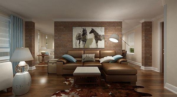 σχεδιασμός τοίχου με δερμάτινο καναπέ από τούβλα καφέ επιτραπέζιο φωτιστικό