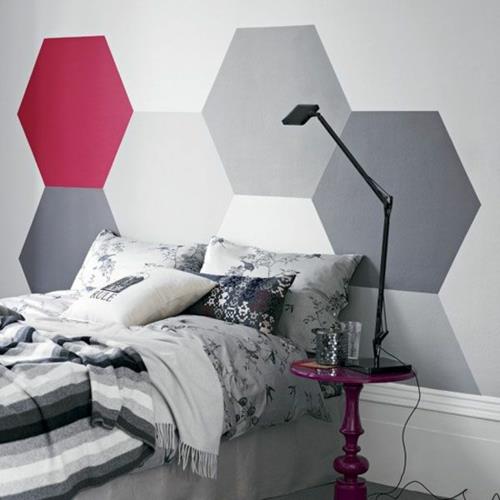 σχεδιασμός τοίχου κρεβάτι κρεβατοκάμαρας χωρίς κεφαλάρι τοίχο χρώμα γεωμετρικό μοτίβο