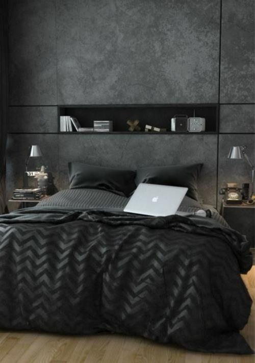 σχεδιασμός τοίχου κρεβατοκάμαρα κρεβάτι μαύρο πρακτικό σκυρόδεμα εμφάνιση