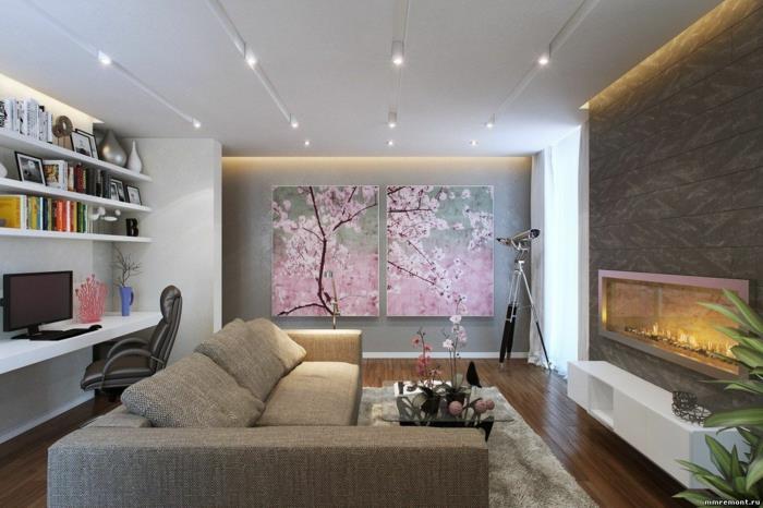 διακόσμηση τοίχου διακόσμηση τοίχου άνοιξη άνθη αιθανόλη τζάκι ενσωματωμένος καναπές τραπεζάκι σαλονιού γυάλινο γραφείο καρέκλα γραφείου