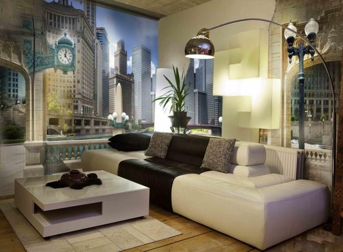 ιδέες διακόσμησης ζωγραφικής τοίχου σαλόνι πόλη κρεμ καναπές ξύλινο πάτωμα μοντέρνο couctisch