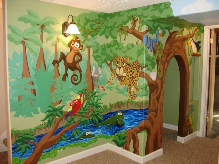 ζωγραφική τοίχου παιδικό δωμάτιο ζούγκλα εξωτικές ιδέες σχεδιασμού τοίχων