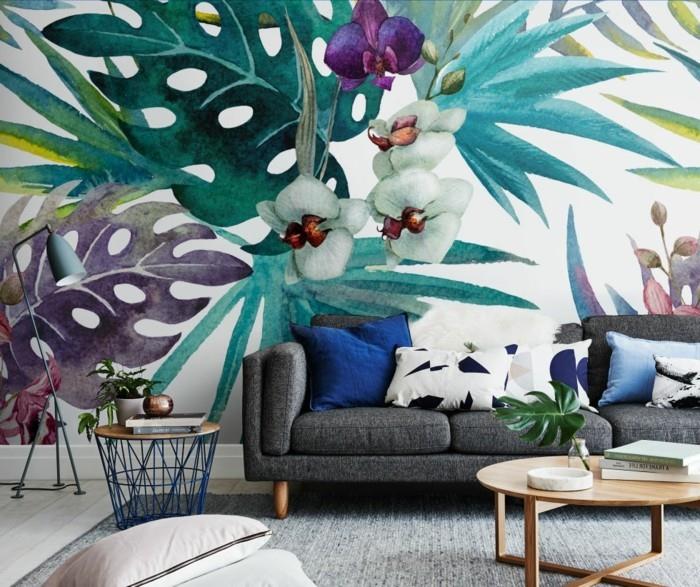 ζωγραφική τοίχου σαλόνι σχεδιασμός τοίχου floral μοτίβο γκρι καναπές ανοιχτό γκρι χαλί