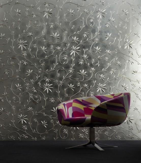 πάνελ τοίχου - πολύχρωμες πολυθρόνες μοτίβο ασημένια λουλούδια 3D εφέ