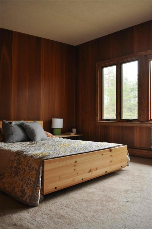 πάνελ τοίχου ξύλινο υπνοδωμάτιο χαλί πάτωμα ξύλινο κρεβάτι