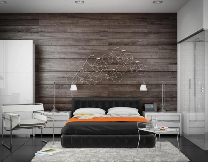 πάνελ τοίχου ξύλινη κρεβατοκάμαρα διακόσμηση τοίχου χαλί λευκή ντουλάπα