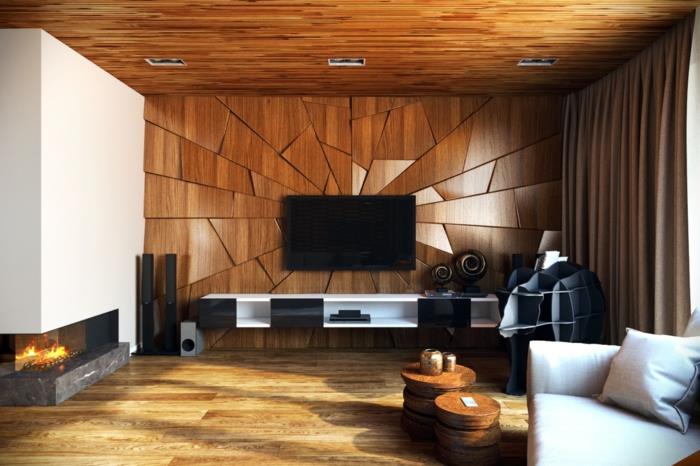 πάνελ τοίχου ξύλινο σαλόνι wadgestaltung γωνιακό τζάκι ξύλινο πάτωμα