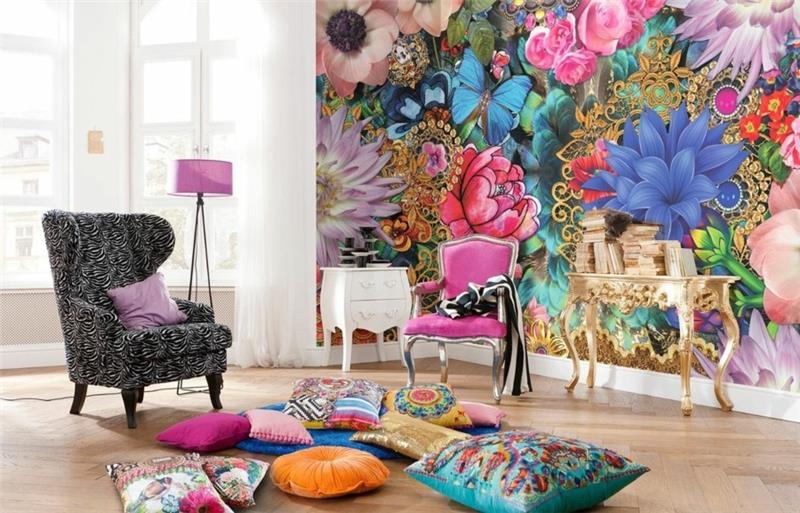 ταπετσαρία τοίχου σαλόνι φωτογραφία ταπετσαρία λουλούδι μοτίβο χρωματιστά μαξιλάρια δαπέδου