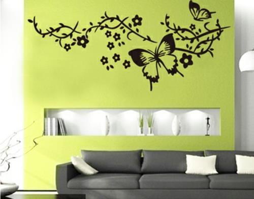 αυτοκόλλητα τοίχου μοτίβο νέον πράσινο τοίχο μαύρες πεταλούδες