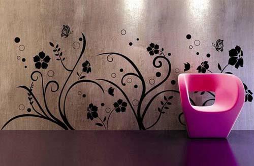 μοτίβο χαλκομανίας τοίχου διακόσμηση τοίχου λουλούδια ροζ πολυθρόνα