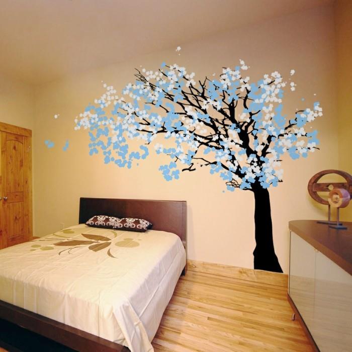 αυτοκόλλητα τοίχου ιδέες διακόσμησης δέντρου κρεβατοκάμαρα μπλε τόνους