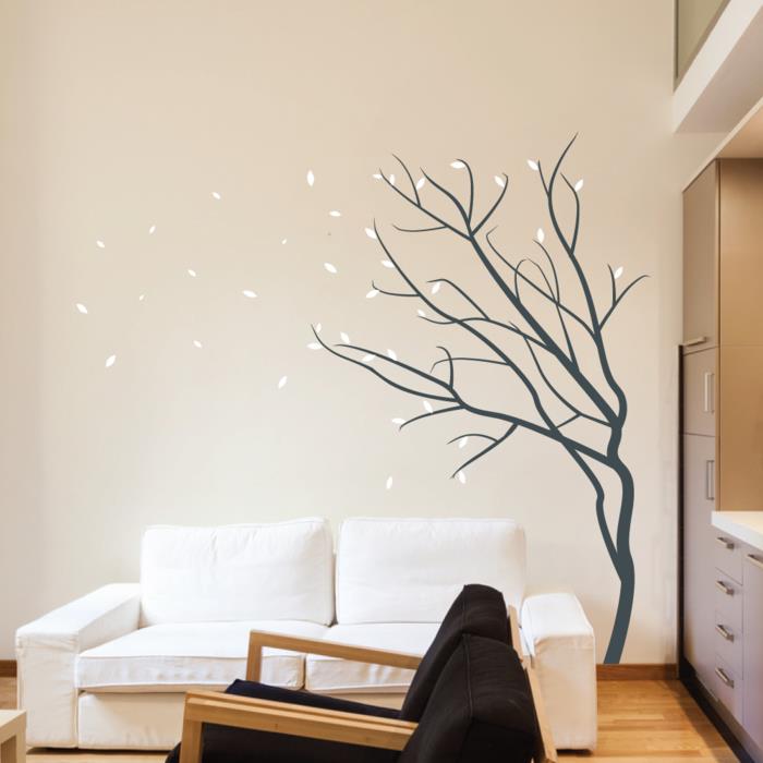 αυτοκόλλητα τοίχου δέντρο σπίτι ιδέες σαλόνι λευκός καναπές μπεζ τοίχος