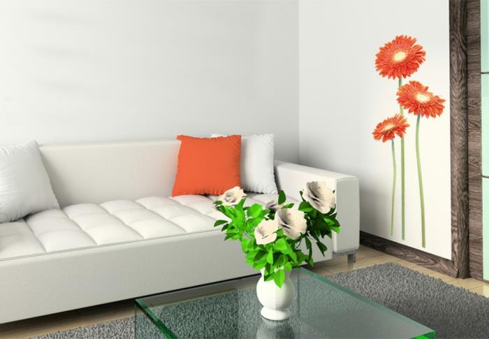αυτοκόλλητα τοίχου σαλόνι πορτοκαλί gerbera λευκός καναπές
