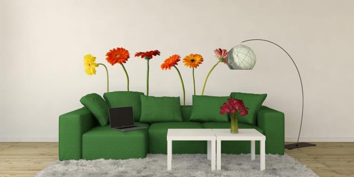 Αυτοκόλλητα τοίχου τοίχοι σαλονιού διακοσμούν χρωματιστά λουλούδια πράσινο καναπέ