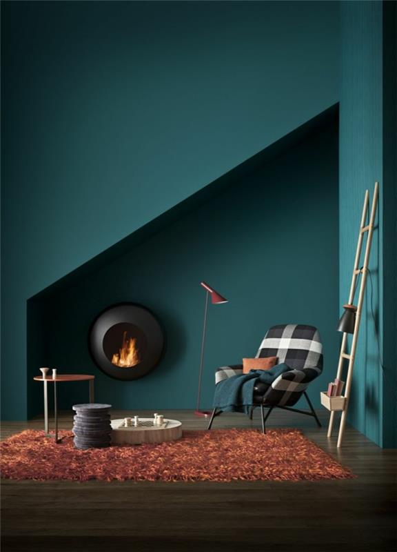 ιδέες βαφής τοίχου σκούρο πράσινο χρώμα τοίχου πορτοκαλί χαλί μοντέρνο σαλόνι σαλόνι