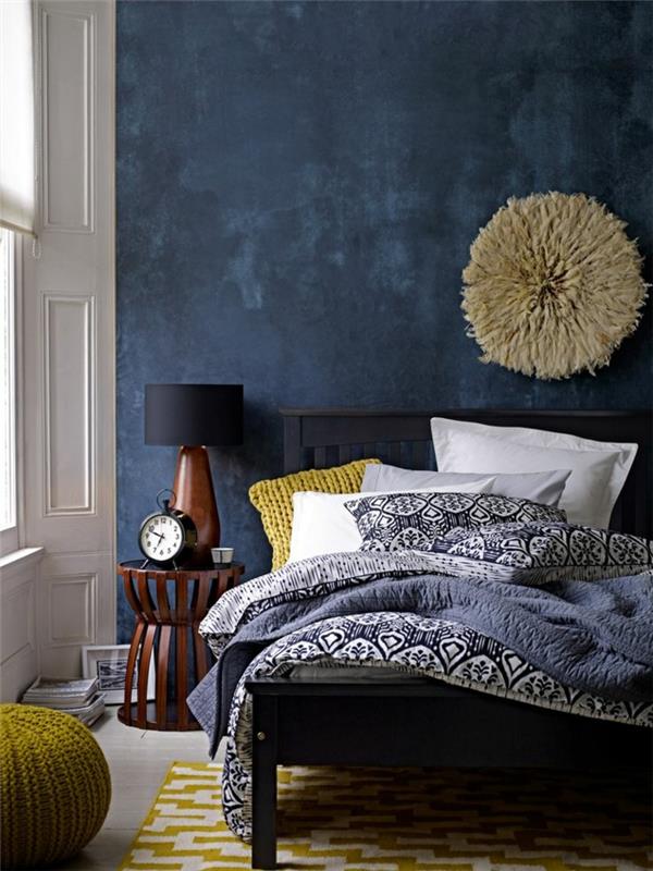 ιδέες χρώματος τοίχου σκούρο προφορά τοίχου υπνοδωμάτιο χρωματιστό χαλί
