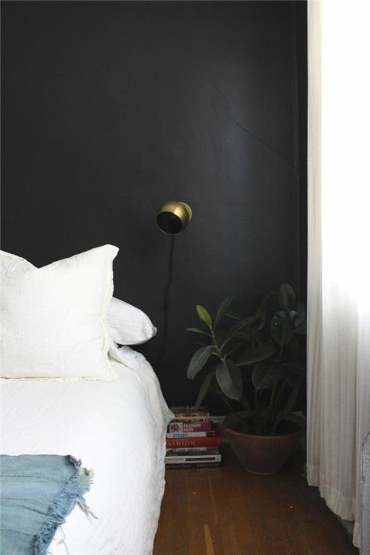 τοίχοι χρώματα ιδέες μαύροι τοίχοι αέρινες κουρτίνες λευκά κλινοσκεπάσματα