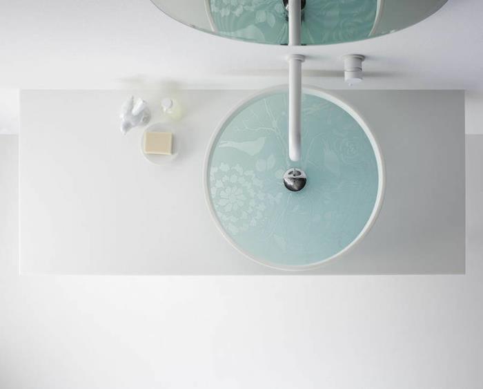 νιπτήρας στρογγυλό σχήμα γυάλινο χάλυβα λευκά έπιπλα μπάνιου