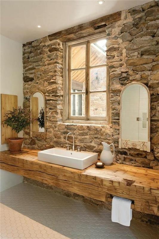 ματαιοδοξία ξύλινα ρουστίκ ιδέες μπάνιου πέτρινος τοίχος