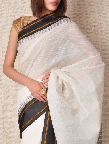 Baltoji Kanchi medvilnė Saree