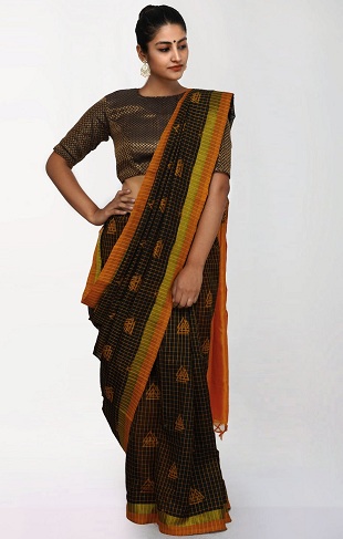 Siyah ve Turuncu Kanchi Handloom Saree