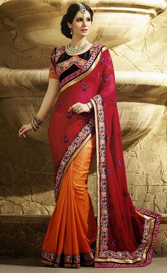 Oranžinė ir kaštoninė Saree