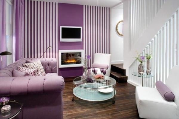 λευκές και μοβ ιδέες δωματίου καναπές στρογγυλό τραπέζι πολυθρόνα τζάκι