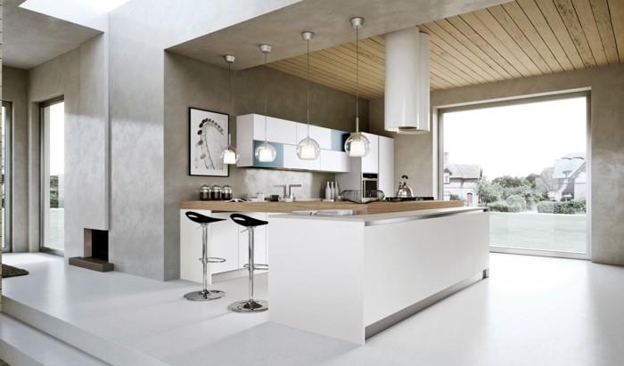 λευκή κουζίνα με όμορφους τοίχους και τοιχογραφίες