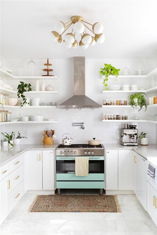 λευκή κουζίνα ράφια ανοιχτού τοίχου και φυτά