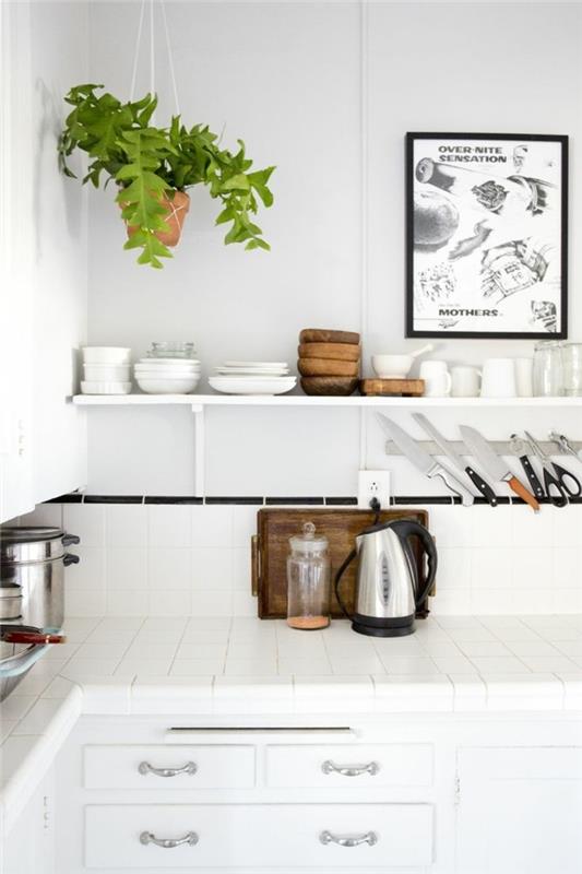 λευκές ιδέες αποθήκευσης κουζίνας και διακόσμηση τοίχου