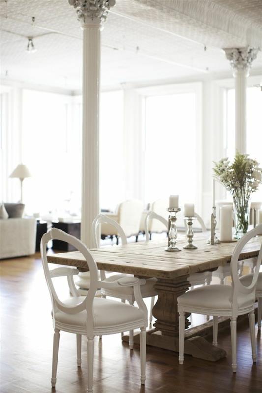 λευκές δερμάτινες καρέκλες τραπεζαρία σκανδιναβική επίπλωση ρουστίκ τραπέζι φαγητού
