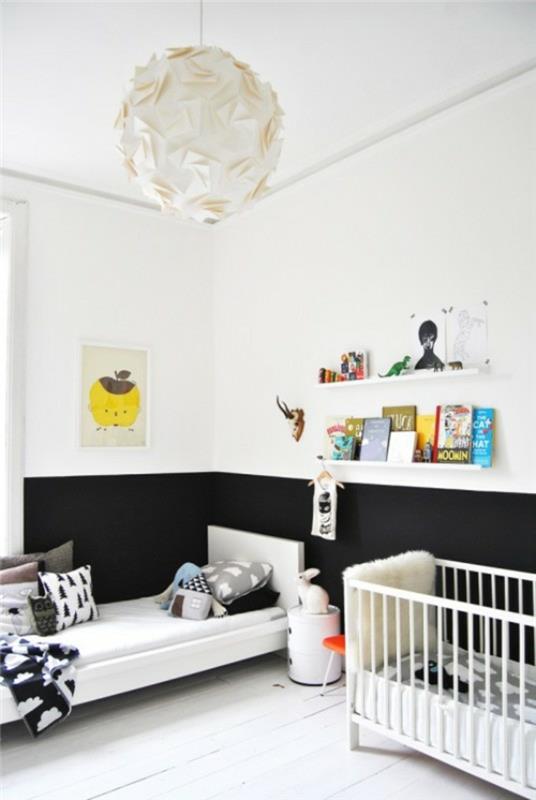 λευκή βαφή τοίχου παιδικό δωμάτιο μαύρες πινελιές ράφια τοίχου