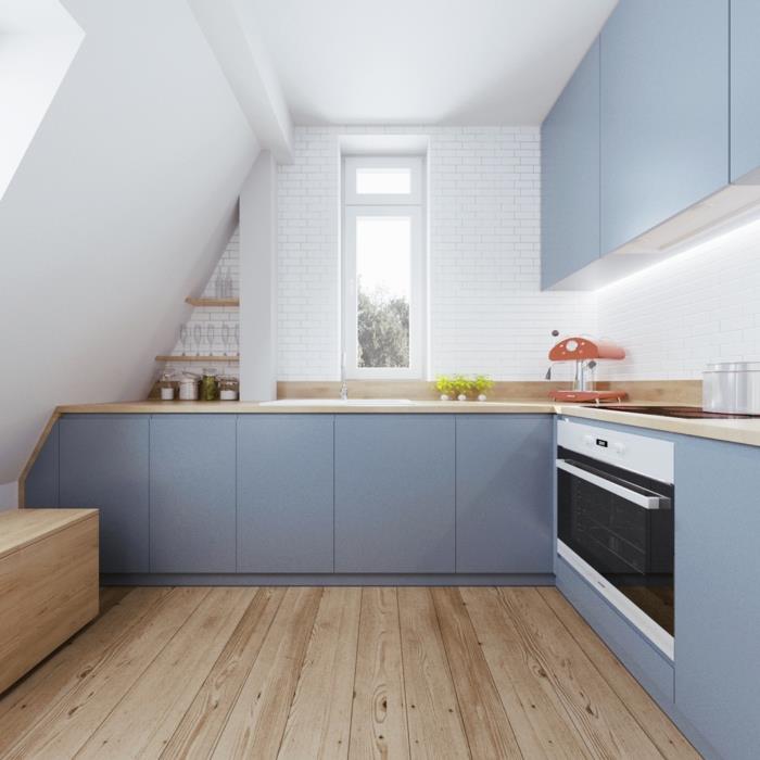 λευκό τοίχο χρώμα ζωντανές ιδέες κουζίνα μπλε ντουλάπια κουζίνας ξύλινο πάτωμα