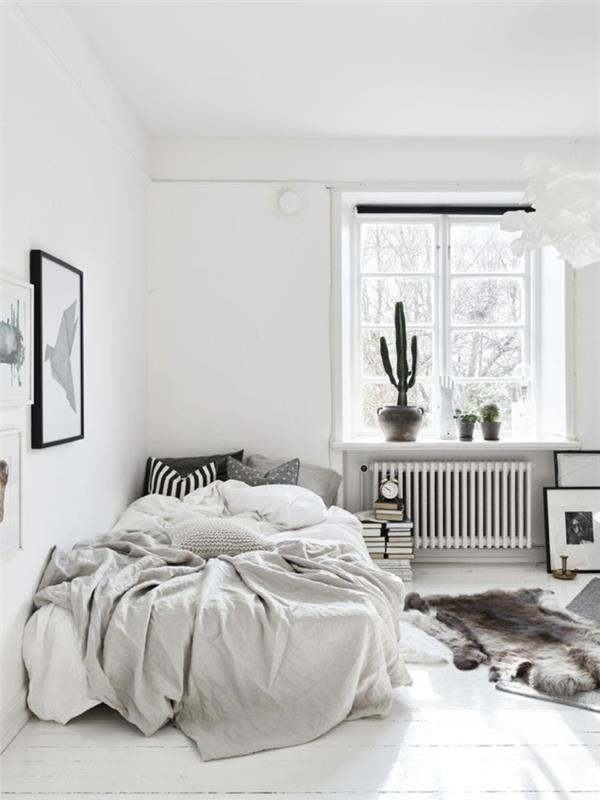 λευκό χρώμα τοίχου ζωντανές ιδέες κρεβατοκάμαρα γούνα διακόσμηση τοίχου χαλιού