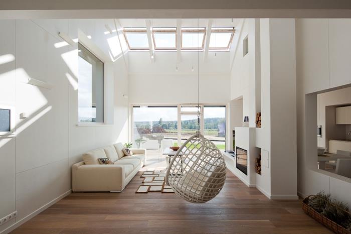 λευκό χρώμα τοίχου καθιστικό κρεμαστή καρέκλα παράθυρο εικόνα ασυνήθιστο χαλί