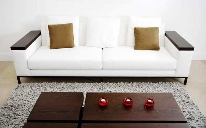 λευκά έπιπλα σαλονιού λευκός καναπές ξύλινο χαλί τραπεζιού σαλονιού
