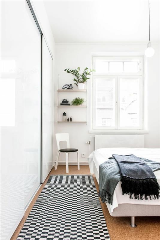 λευκή ντουλάπα κρεβατοκάμαρα συρόμενη πόρτα ντουλάπα μαύρο λευκό χαλί δρομέας ανοιχτά ράφια