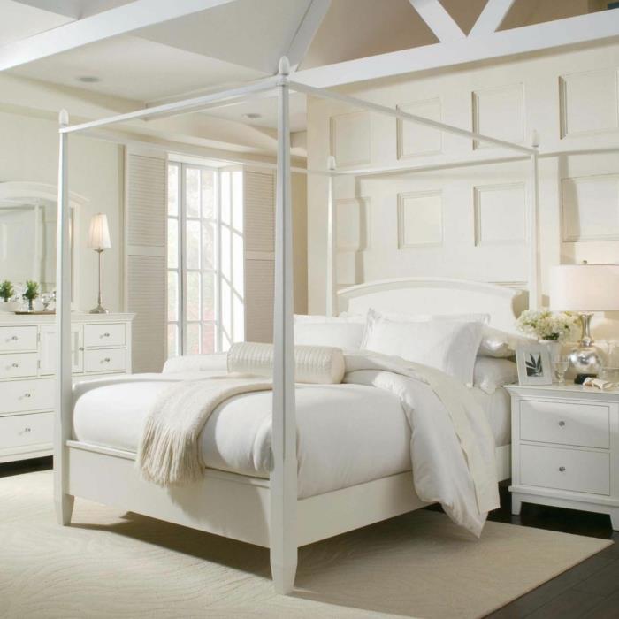 λευκό υπνοδωμάτιο φως χαλί κρεβάτι λουλούδια θόλος