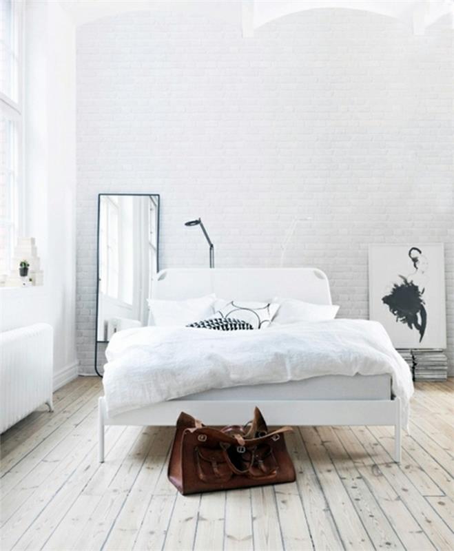 λευκό υπνοδωμάτιο ξύλινο πάτωμα τοίχος τοίχου με έμφαση