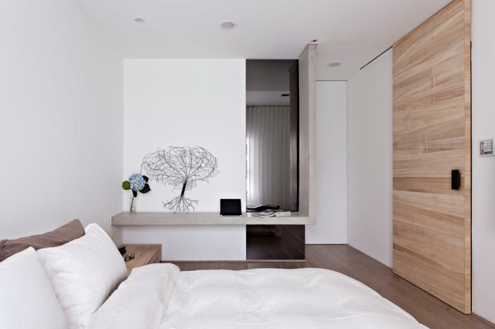 λευκό υπνοδωμάτιο μινιμαλιστική έμφαση σε ξύλο ιδέες διακόσμησης