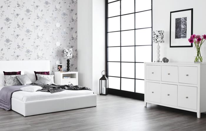 λευκό υπνοδωμάτιο μοντέρνο κρεβάτι δροσερό τοιχογραφία ταπετσαρία λουλούδια κεριών
