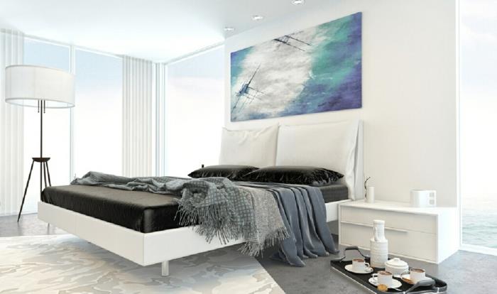 λευκό υπνοδωμάτιο λευκοί τοίχοι σκούρο κρεβάτι φωτιστικό μοκέτα μοκέτα δαπέδου