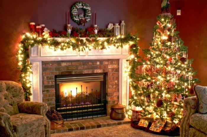 χριστουγεννιάτικα διακοσμητικά γιρλάντες τζάκι με κόκκινο τοίχο