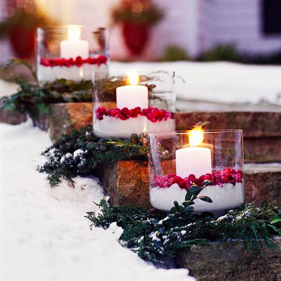 χριστουγεννιάτικα στολίδια στολίδια είσοδος σκάλες κεριά κράνμπερι