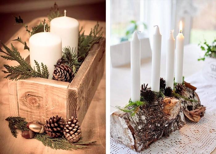 χριστουγεννιάτικη διακόσμηση τραπεζιού ξύλινα λευκά κεριά