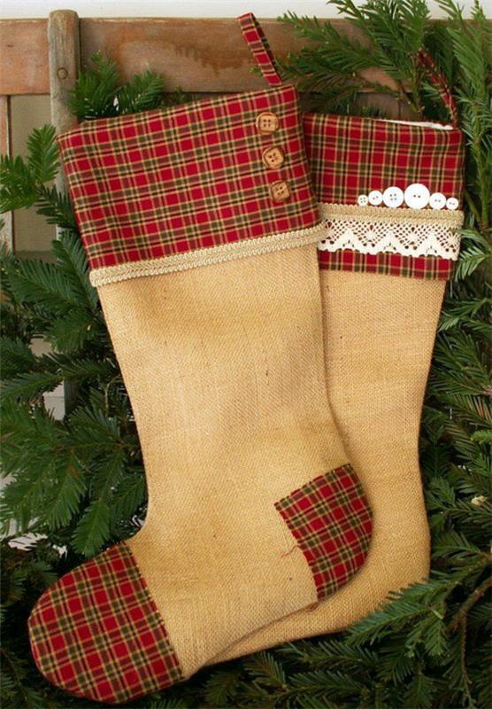χριστουγεννιάτικες χειροτεχνίες μπότες ράψιμο ύφασμα κάνναβης ελεγμένο μοτίβο