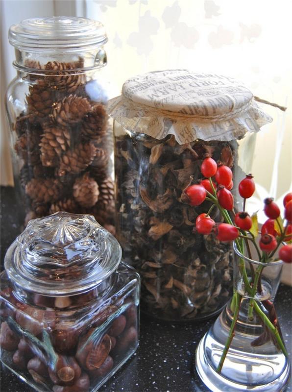 χριστουγεννιάτικες ιδέες διακόσμησης diy φύση βρίσκει κουκουνάρια τριαντάφυλλα γυαλιά