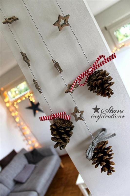 χριστουγεννιάτικες ιδέες διακόσμησης διακόσμηση τοίχου DIY πεύκο κώνου αστέρι μενταγιόν