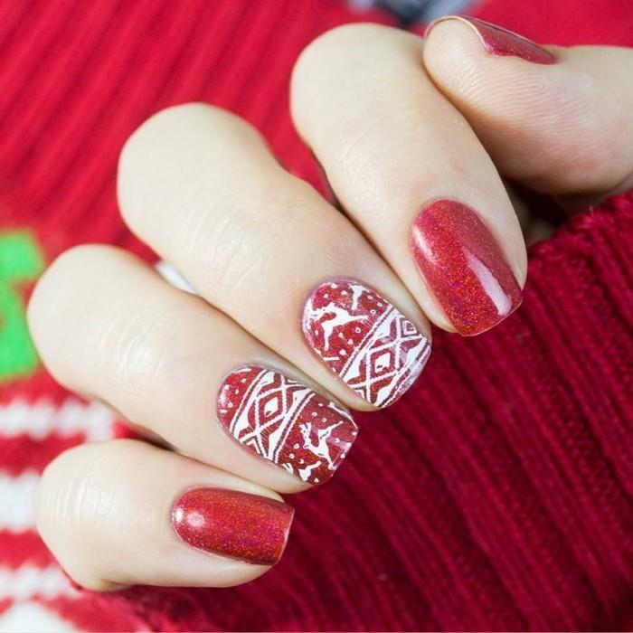 χριστουγεννιάτικα νύχια κόκκινο βερνίκι νυχιών χειμερινό μοτίβο φρέσκο