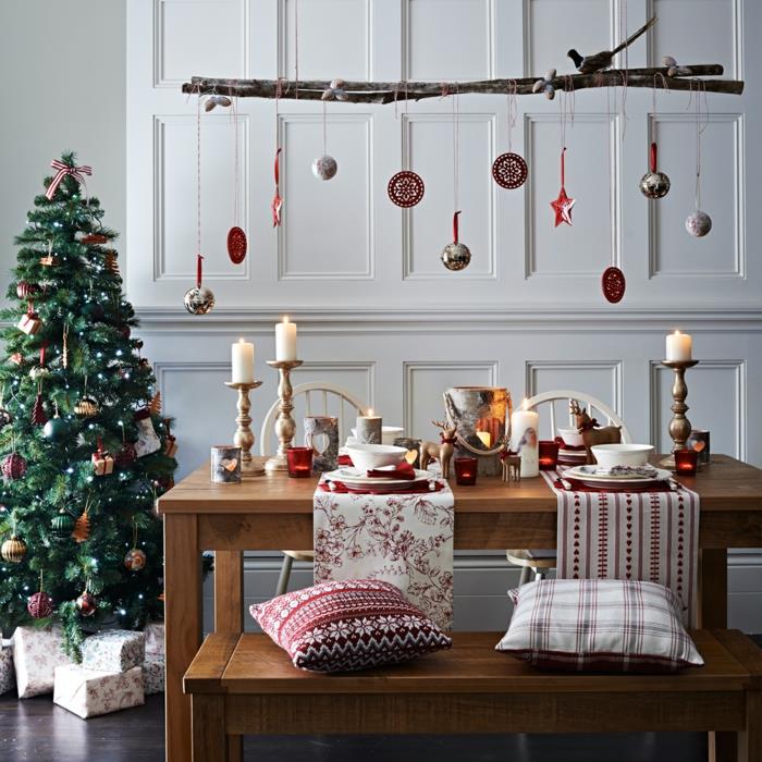 χριστουγεννιάτικα στολίδια σκανδιναβικού στυλ κεριά κλαδί τραπέζι δρομέας Χριστούγεννα